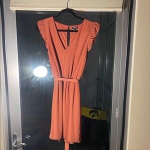 Express Coral Mini Dress with Ruffle Sleeves